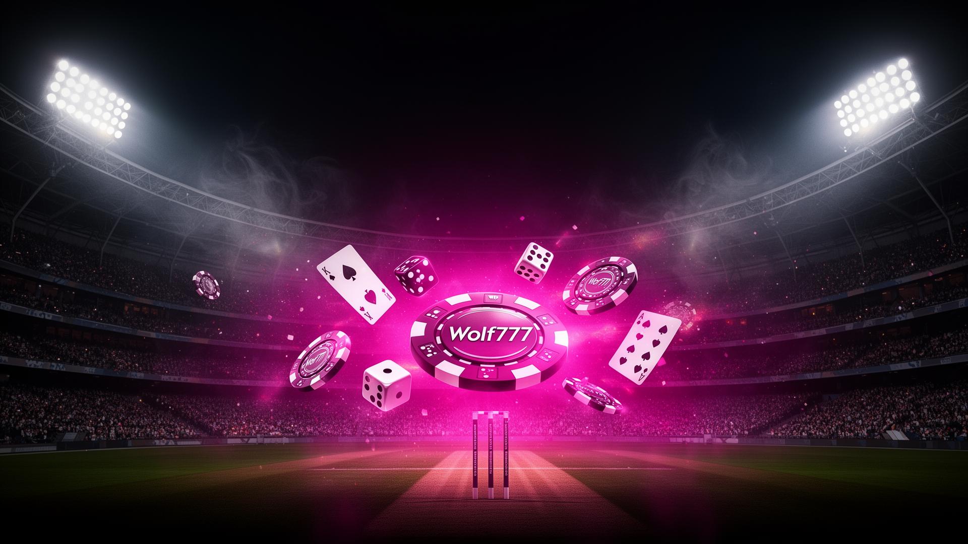 Wolf777 cricket stadium with casino chips and cards